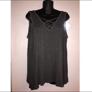 Grey cold shoulder top with wide flowing wrists